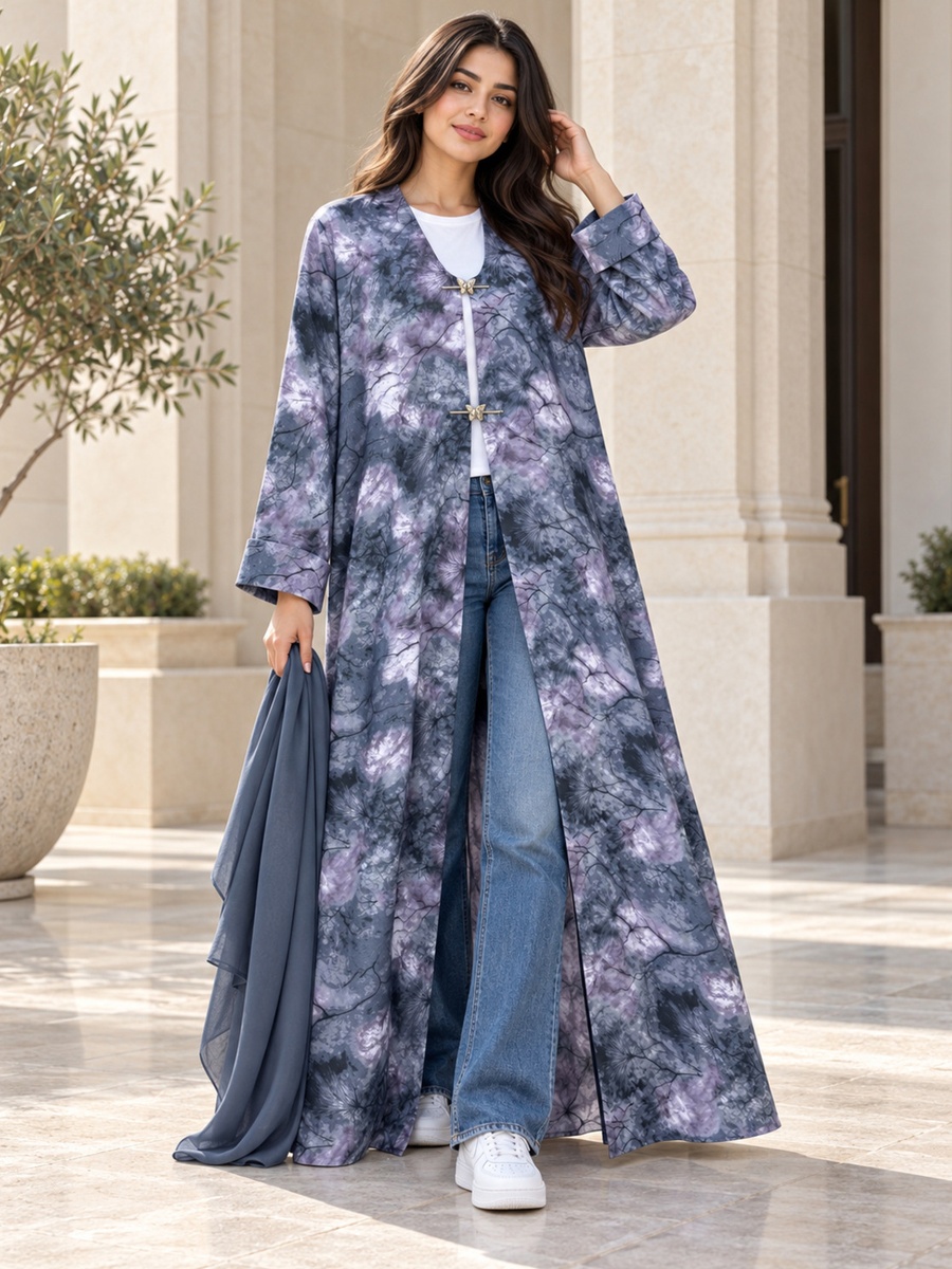 Marbled Print Open Abaya with Butterfly Clasps and Matching Scarf
