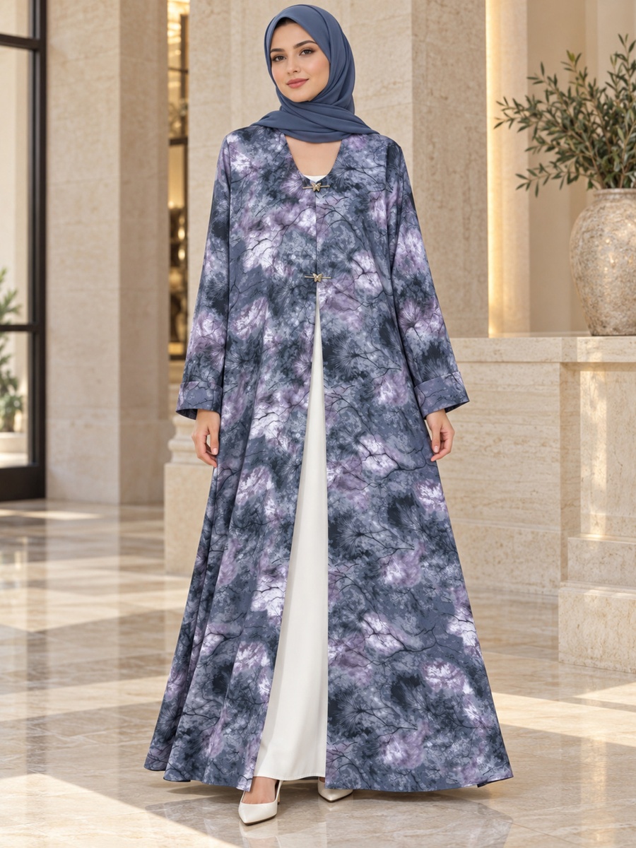 Marbled Print Open Abaya with Butterfly Clasps and Matching Scarf