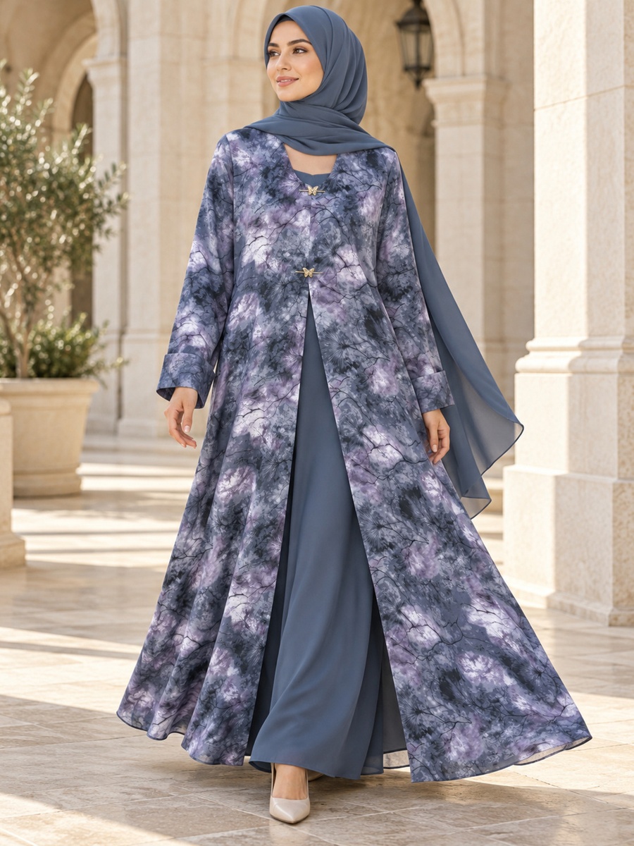 Marbled Print Open Abaya with Butterfly Clasps and Matching Scarf