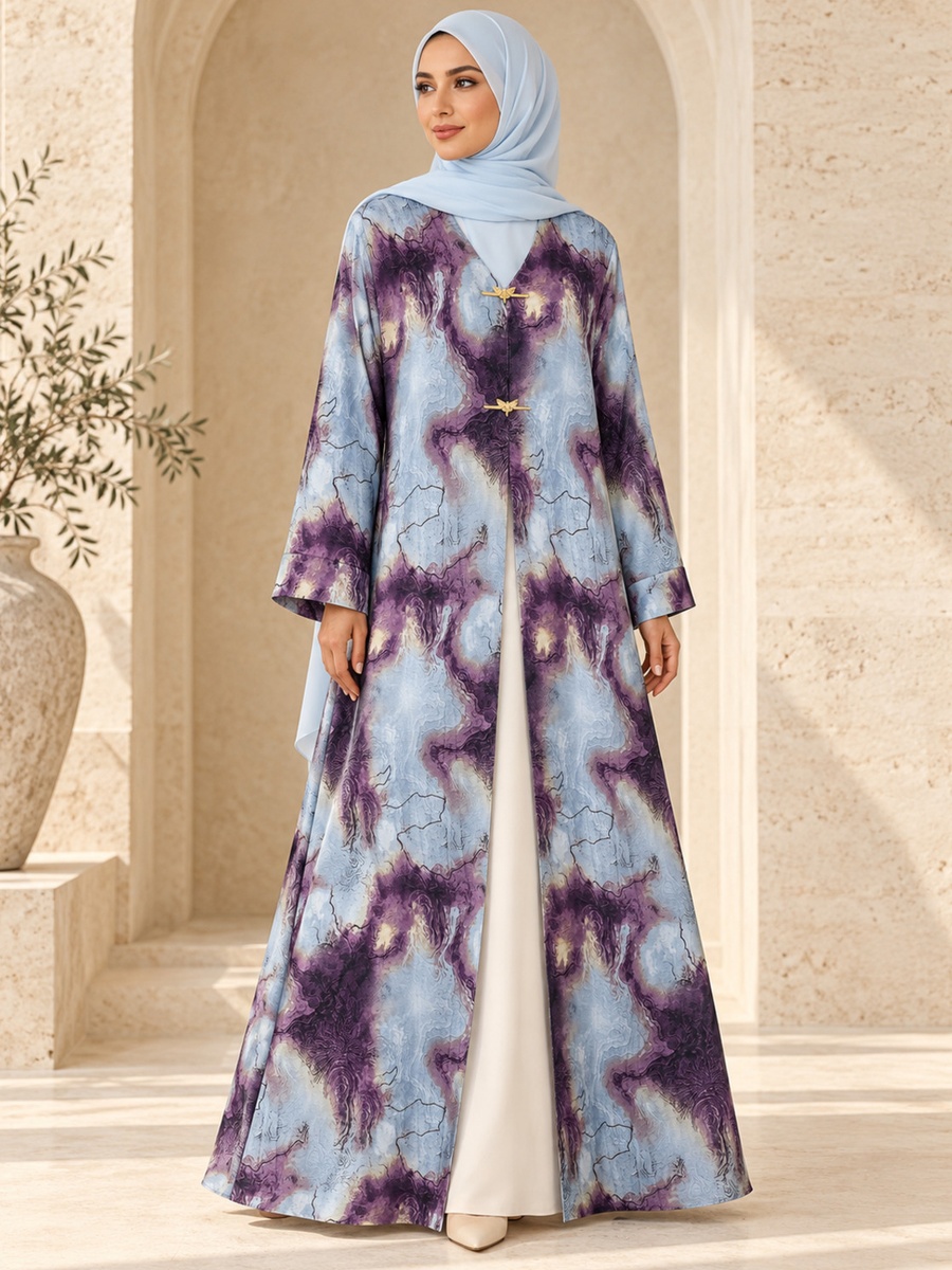 Marble Print Open Abaya with Gold Clasps and Matching Scarf