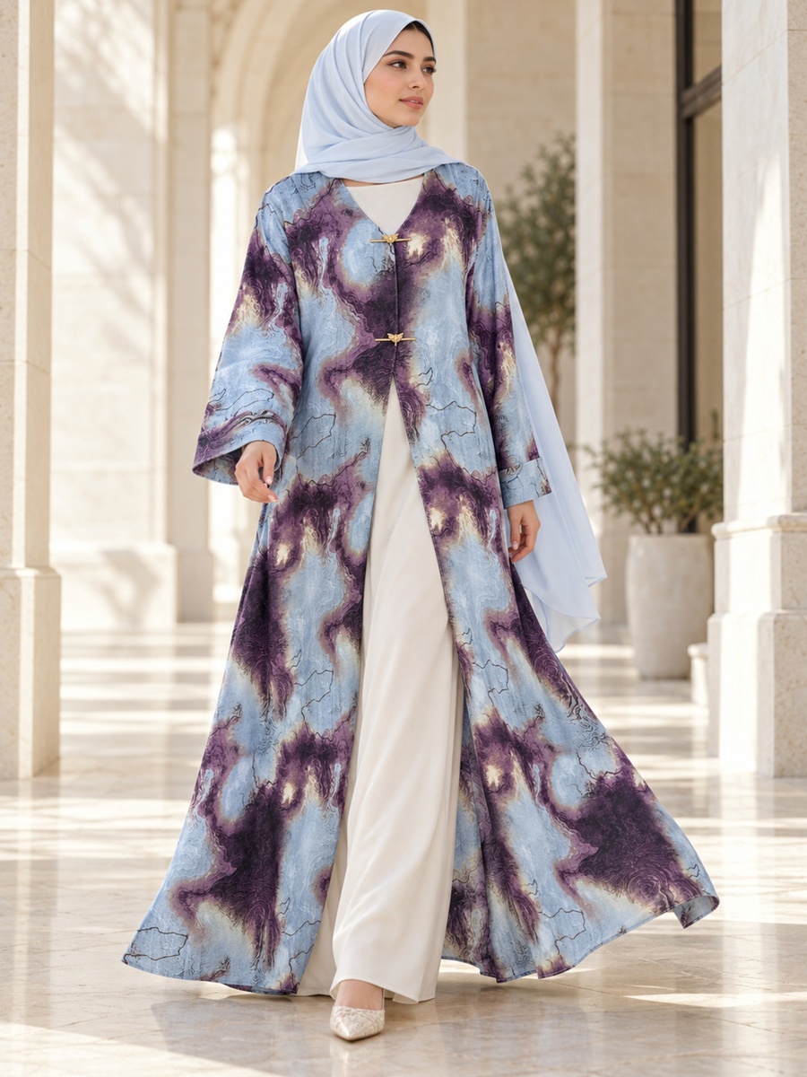 Marble Print Open Abaya with Gold Clasps and Matching Scarf