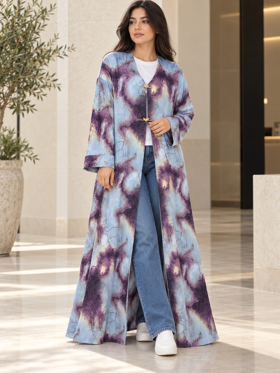 Marble Print Open Abaya with Gold Clasps and Matching Scarf
