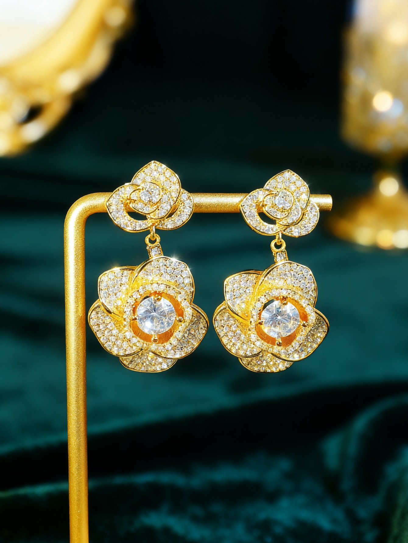 Gold Flower Danglers Earrings