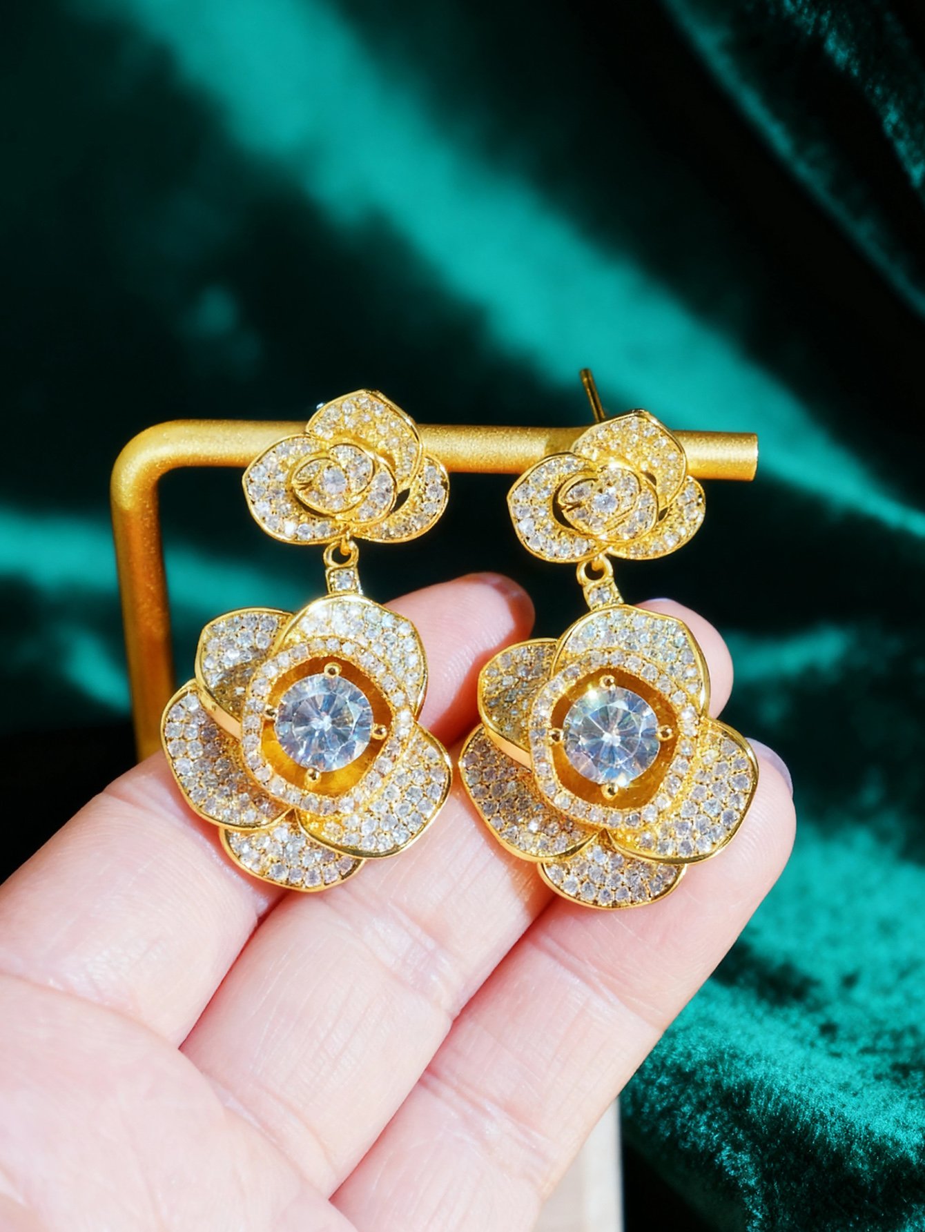 Gold Flower Danglers Earrings