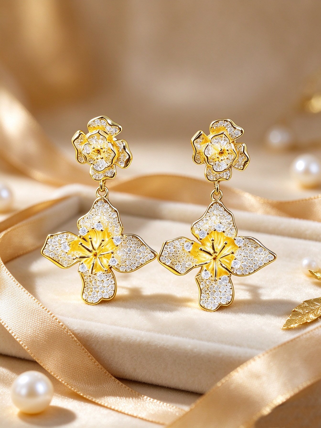 Gold Flower Danglers Earrings