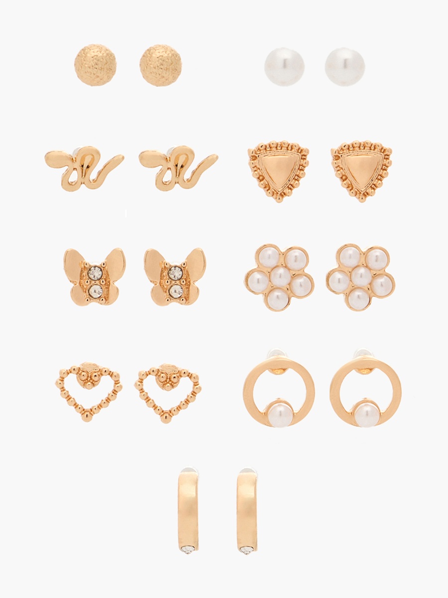 Pack of 9 Gold Tone Assorted Stud Earrings with Pushback Closure