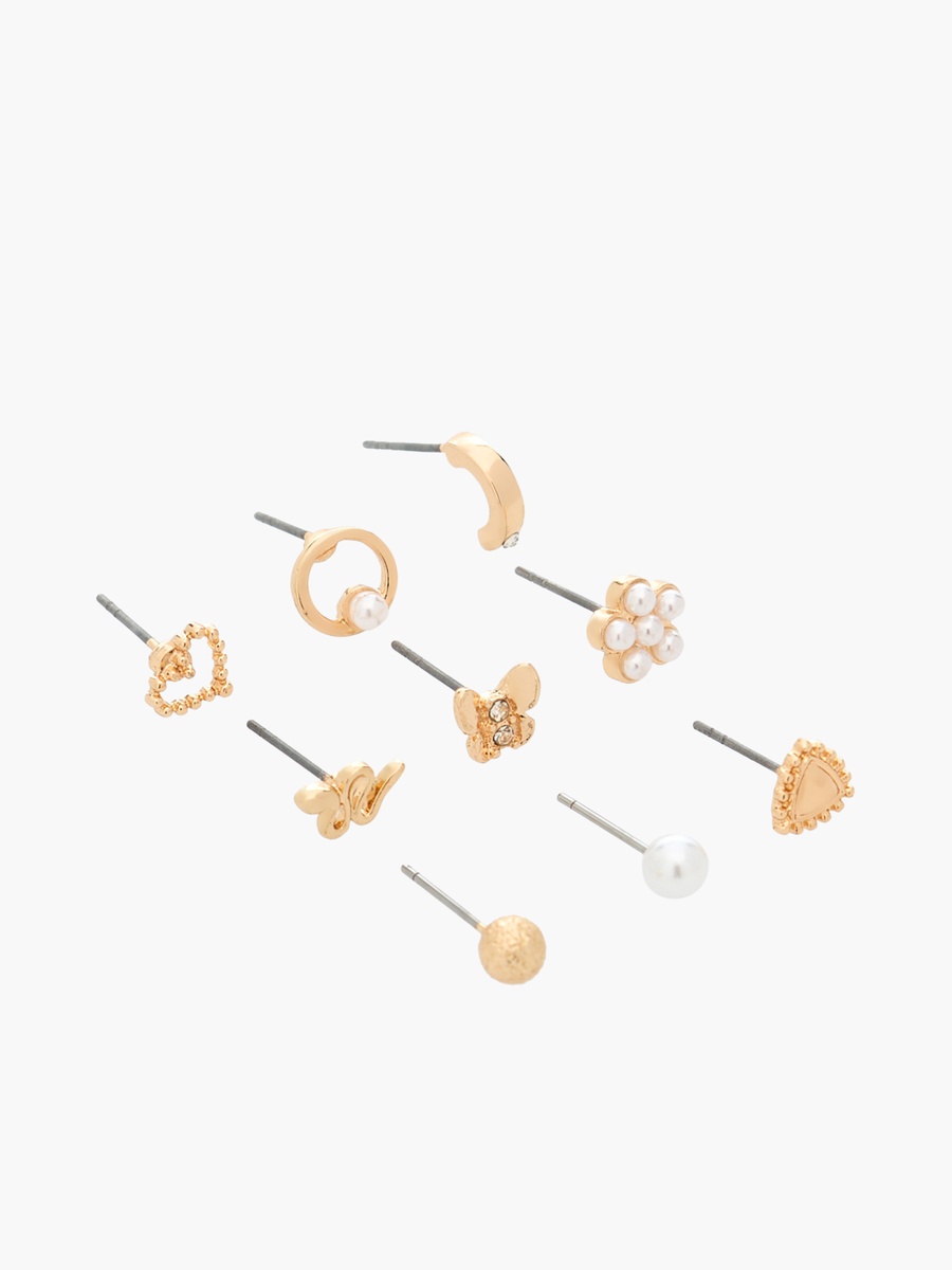 Pack of 9 Gold Tone Assorted Stud Earrings with Pushback Closure