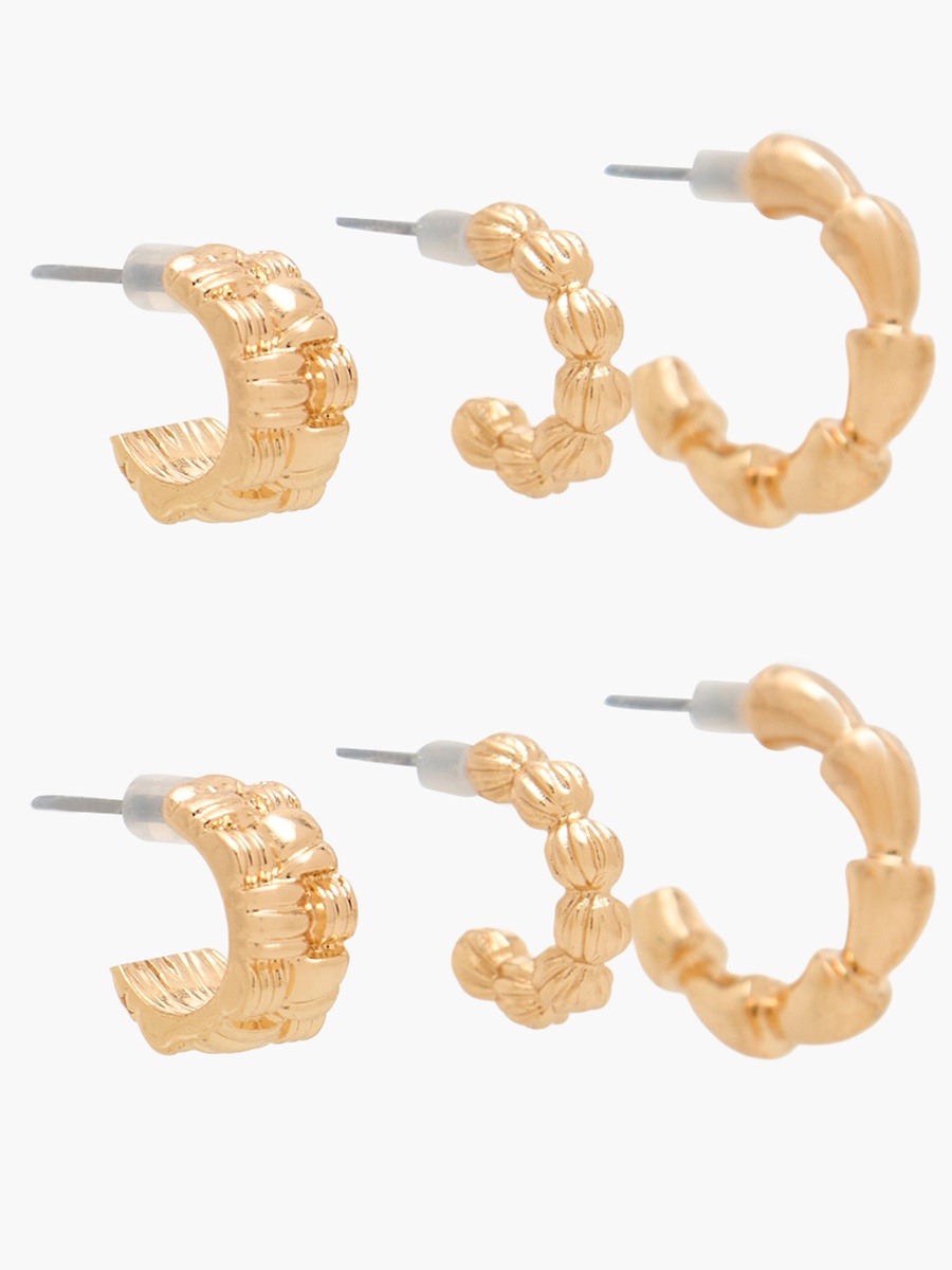 Pack of 3 Gold Tone Textured Hoop Earrings with Pushback Closure