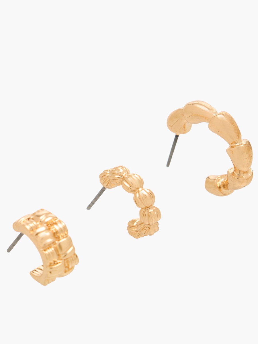 Pack of 3 Gold Tone Textured Hoop Earrings with Pushback Closure