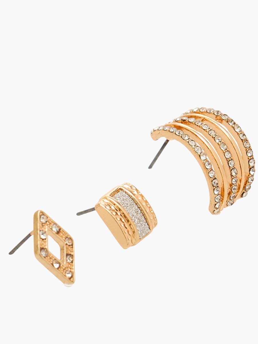 Pack of 3 Gold Tone Embellished Stud Earrings with Pushback Closure