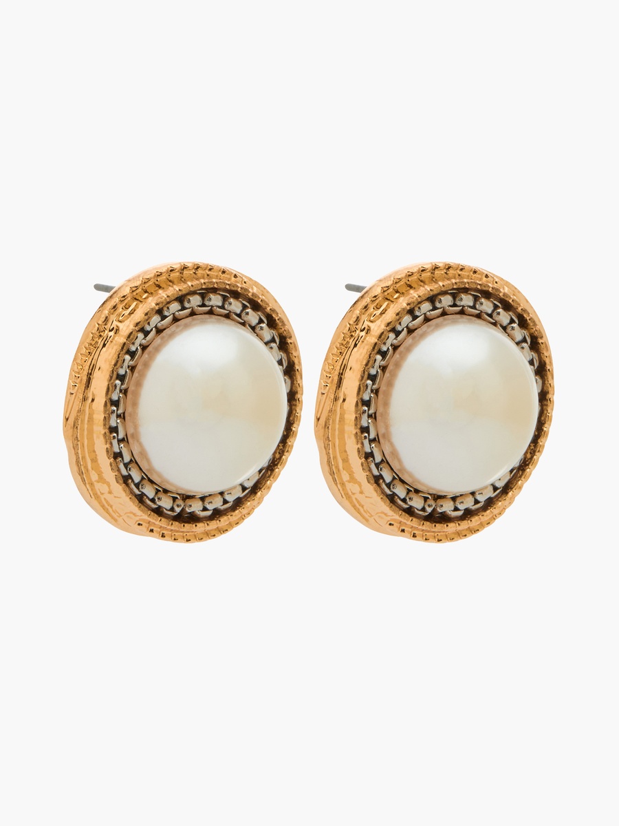 Gold Tone Pearl Stud Earrings with Pushback Closure