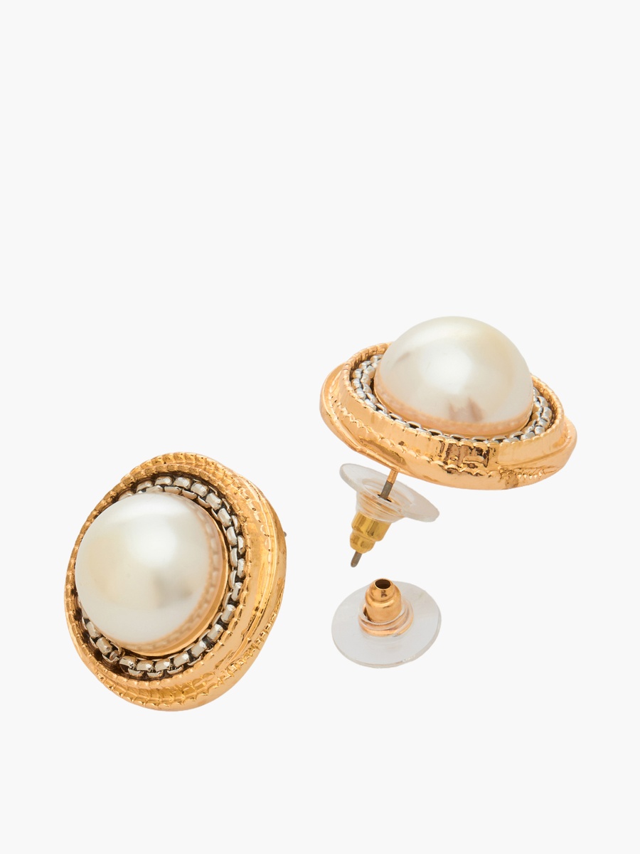 Gold Tone Pearl Stud Earrings with Pushback Closure