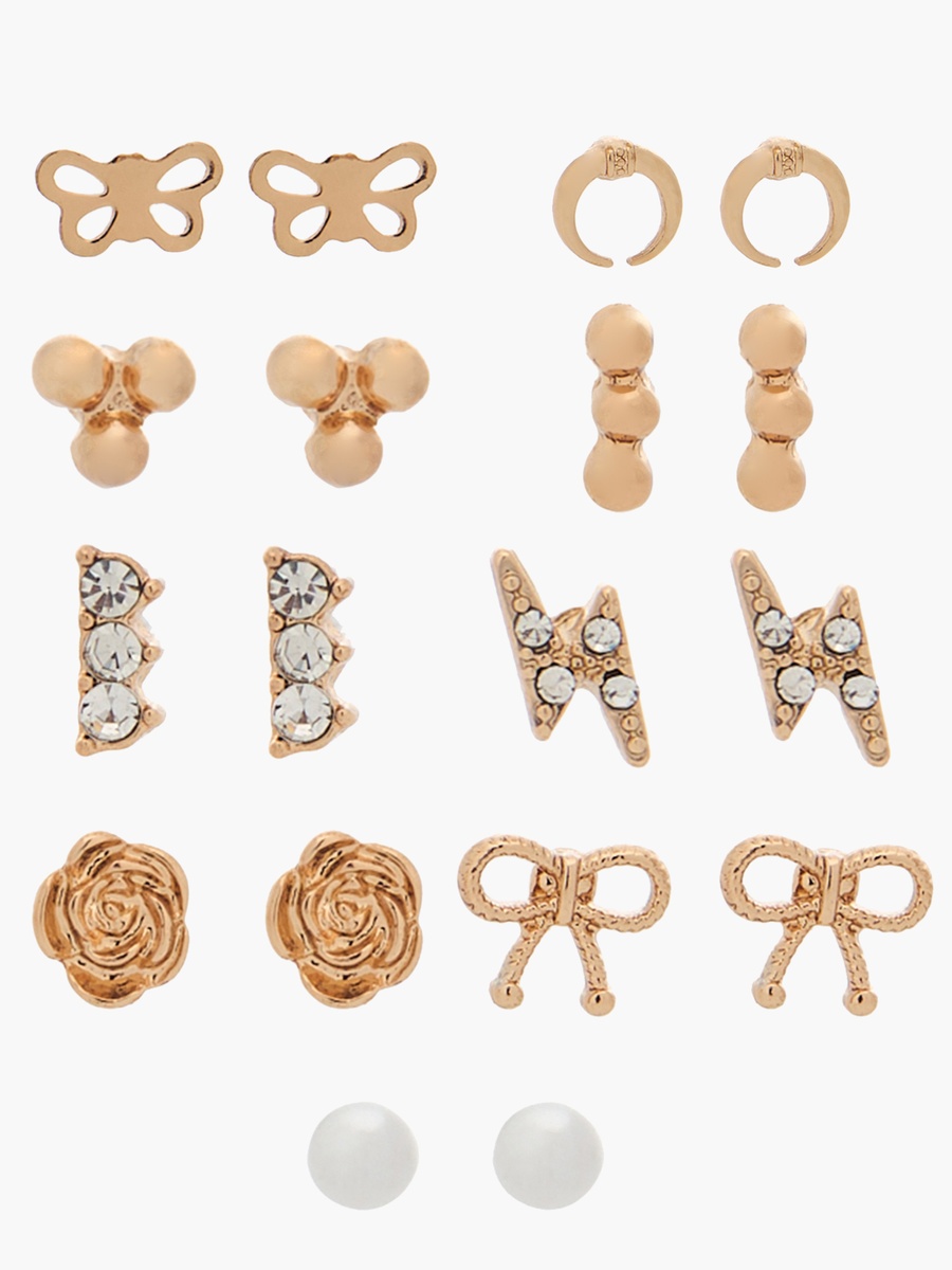 Pack of 9 Gold Tone Embellished Stud Earrings with Pushback Closure