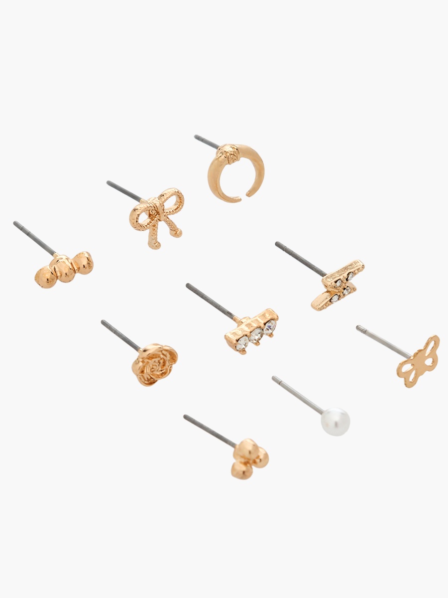 Pack of 9 Gold Tone Embellished Stud Earrings with Pushback Closure