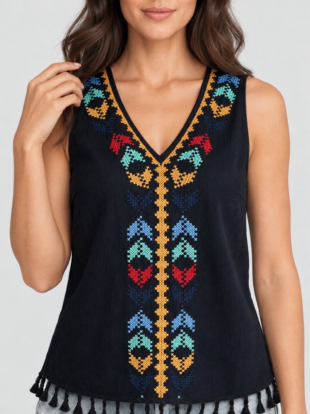 Black Embroidered V Neck Top