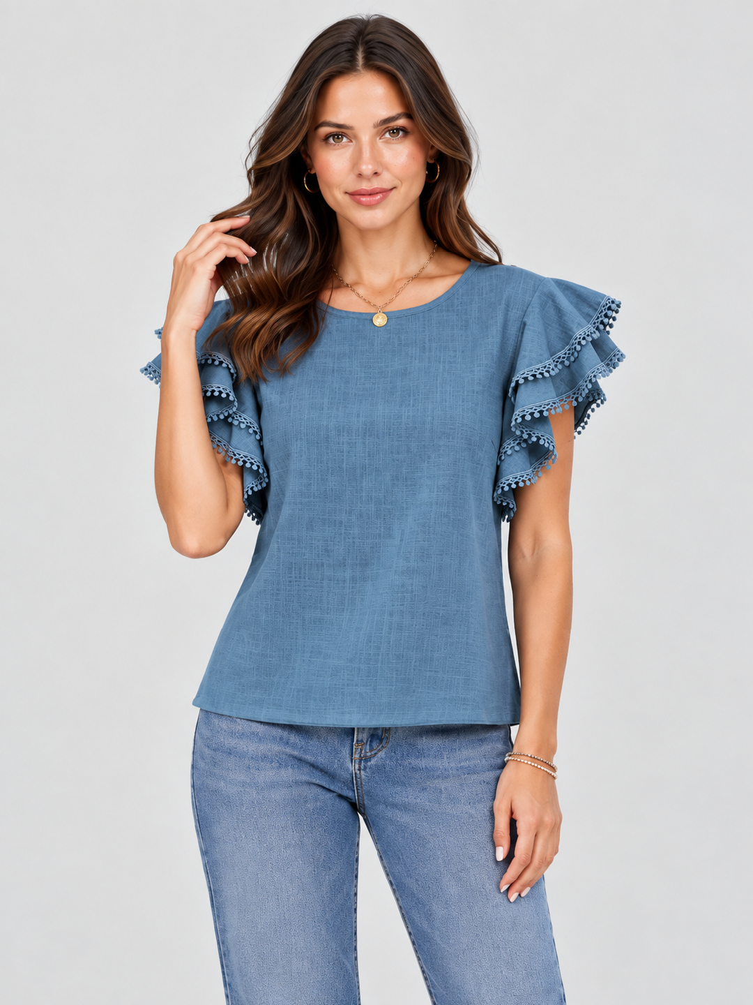 Blue Texture Round Neck Top