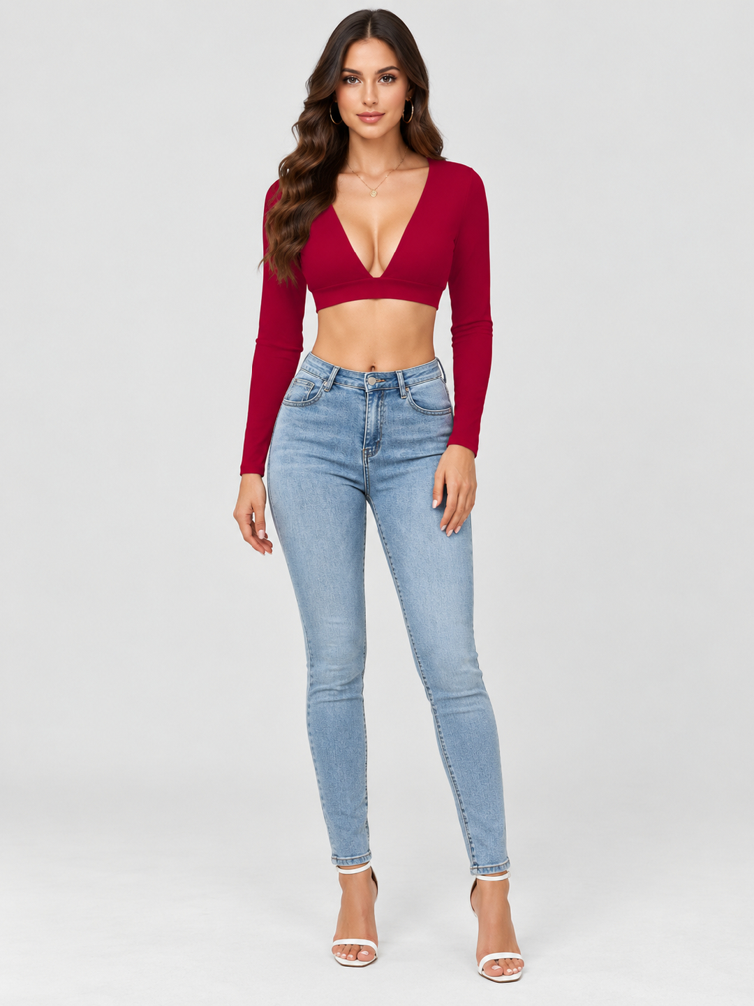 Maroon Solid Plunge Neck Top