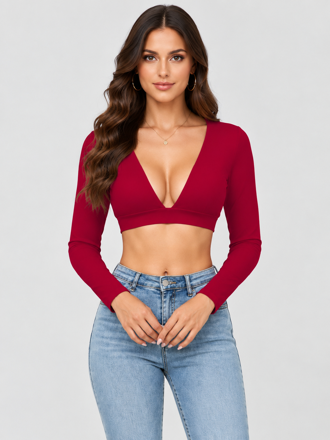 Maroon Solid Plunge Neck Top