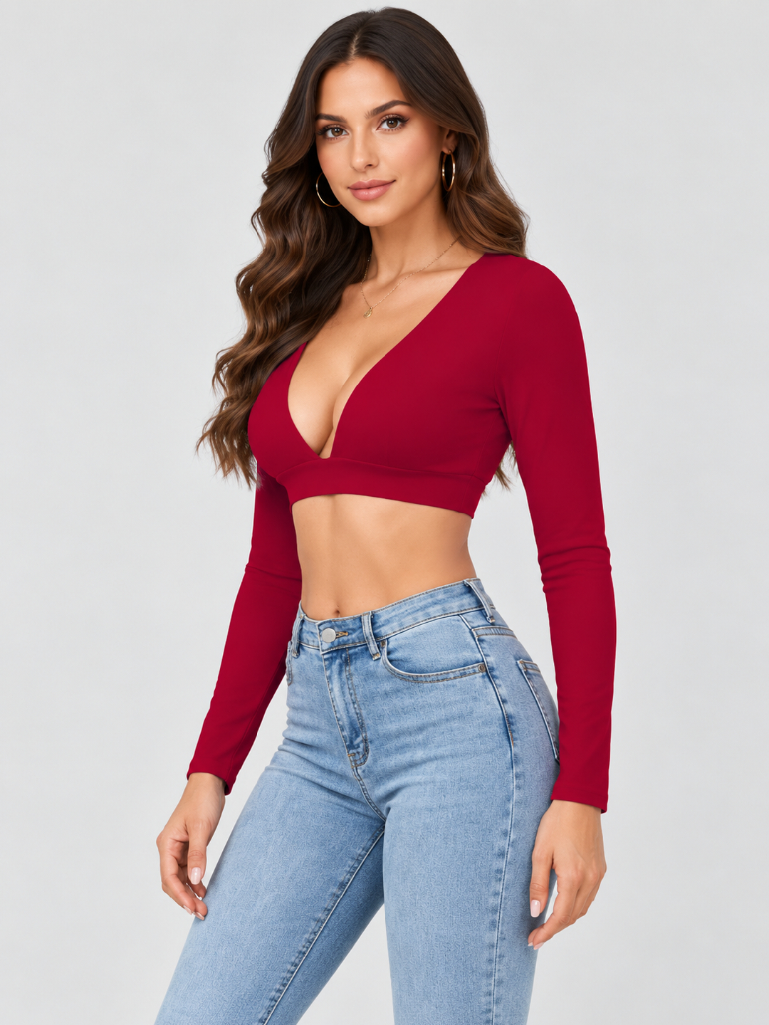 Maroon Solid Plunge Neck Top