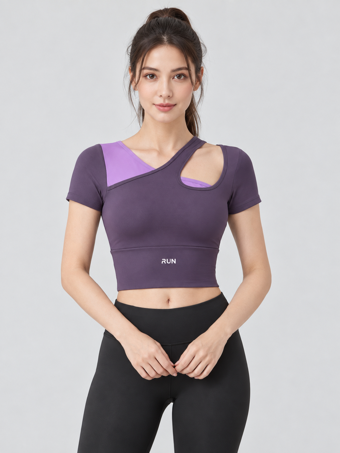 Purple Color Block Asymmetric Neck Top
