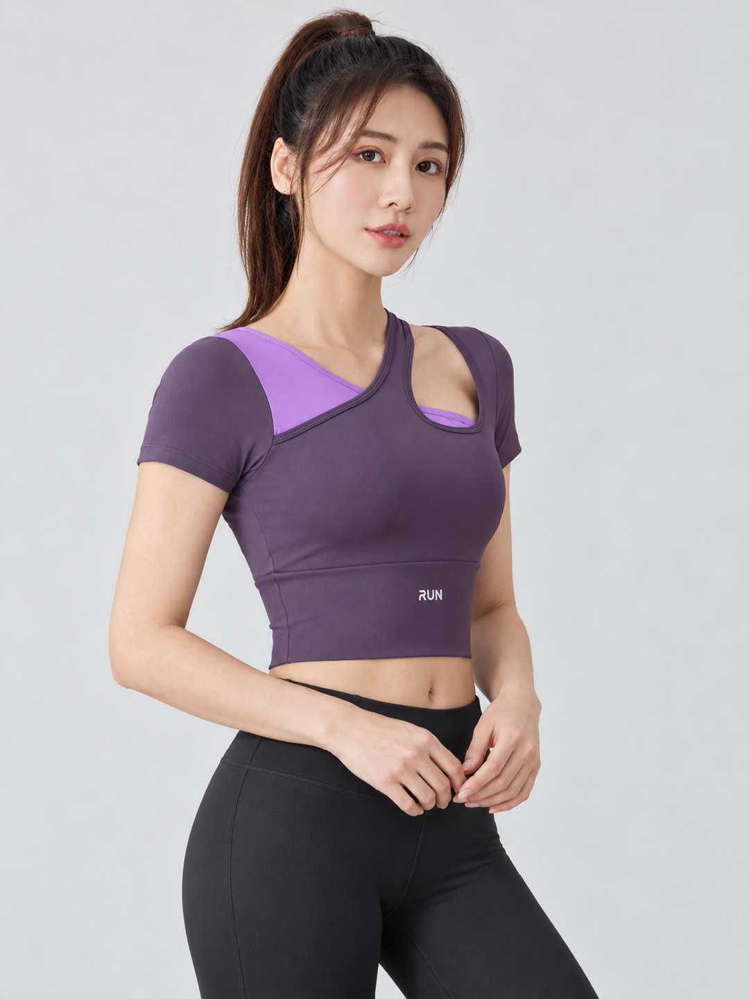 Purple Color Block Asymmetric Neck Top