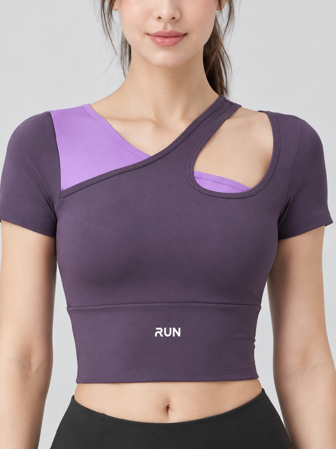 Purple Color Block Asymmetric Neck Top