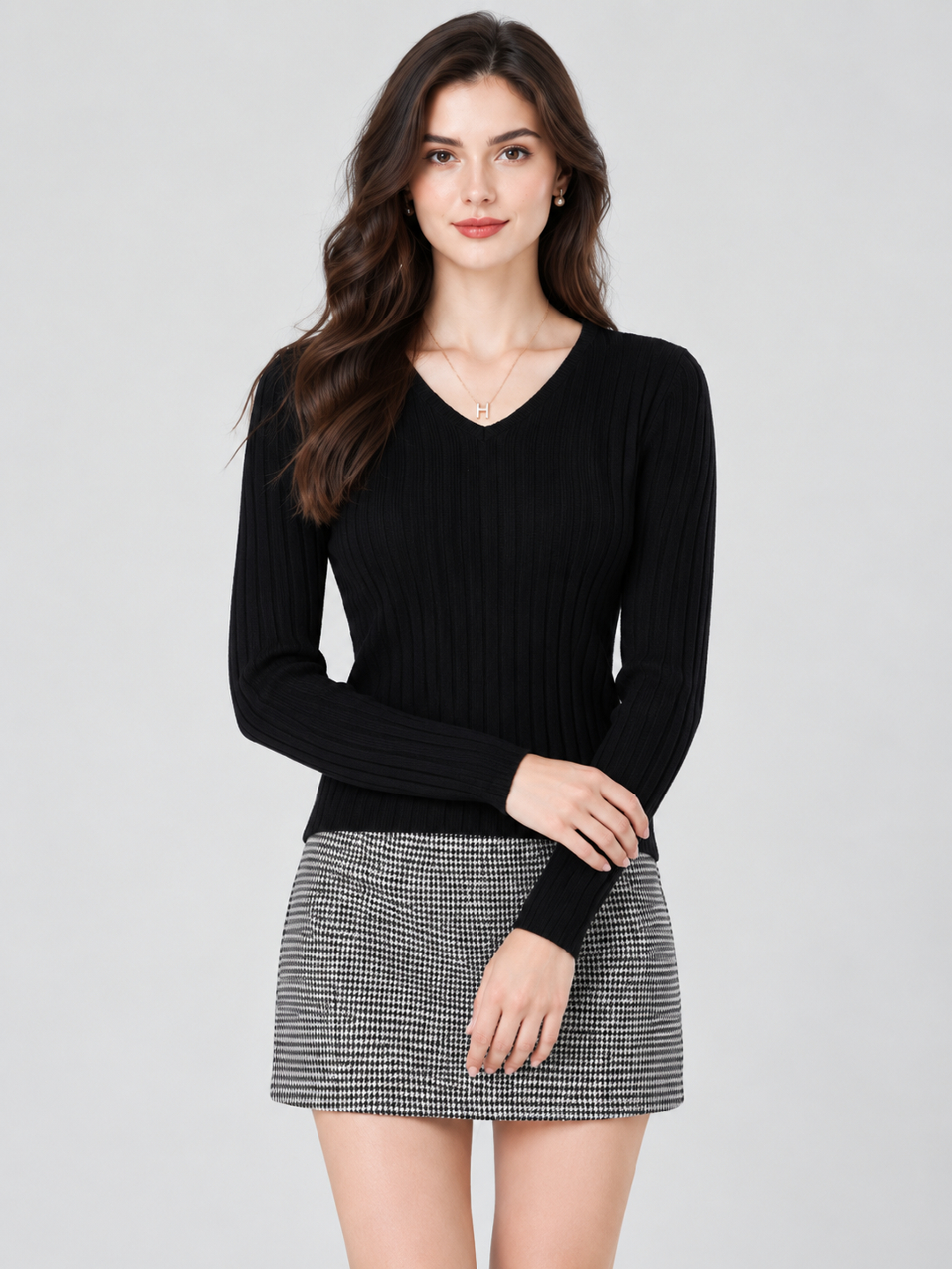 Black Solid V Neck Top