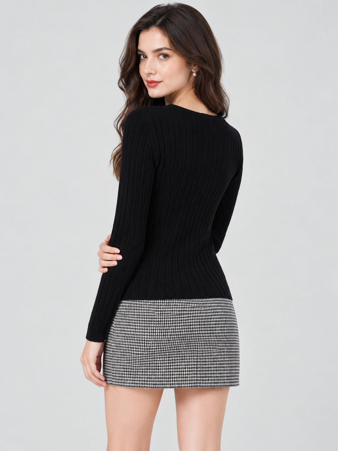 Black Solid V Neck Top