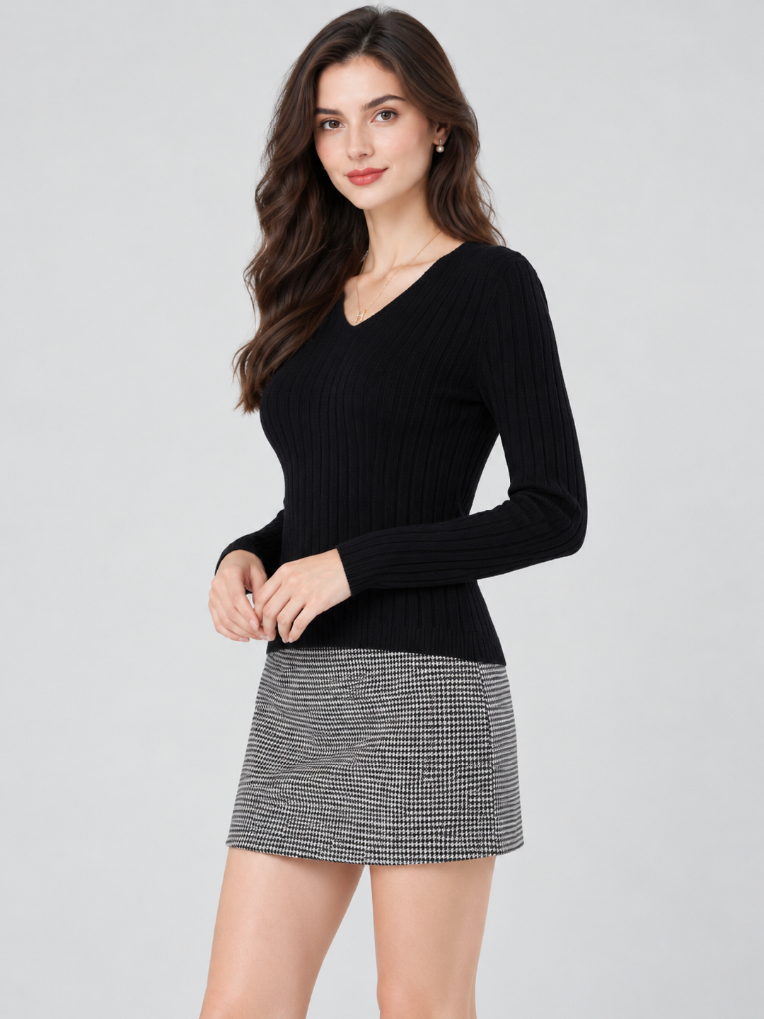 Black Solid V Neck Top