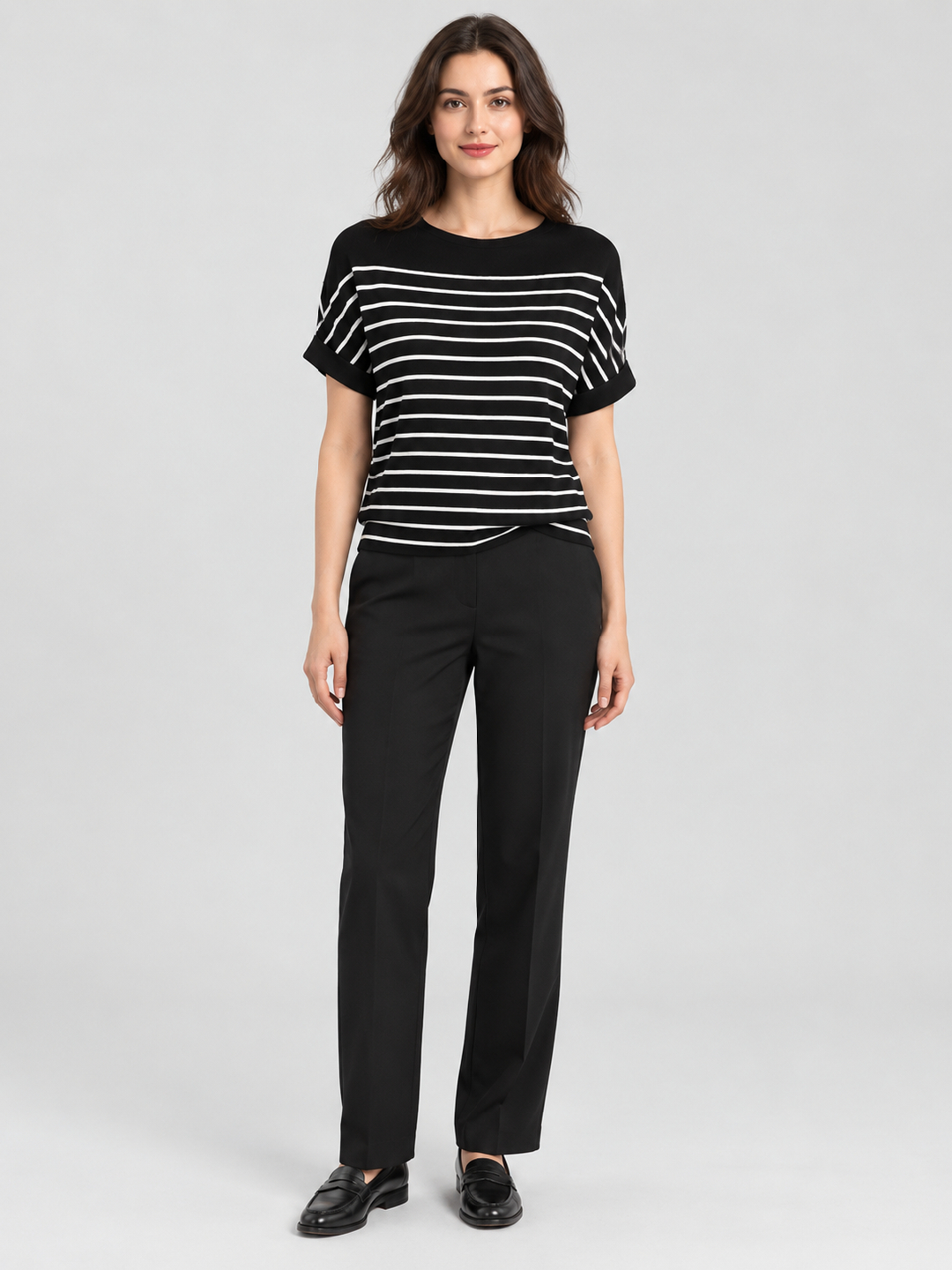 Black Striped Round Neck Top