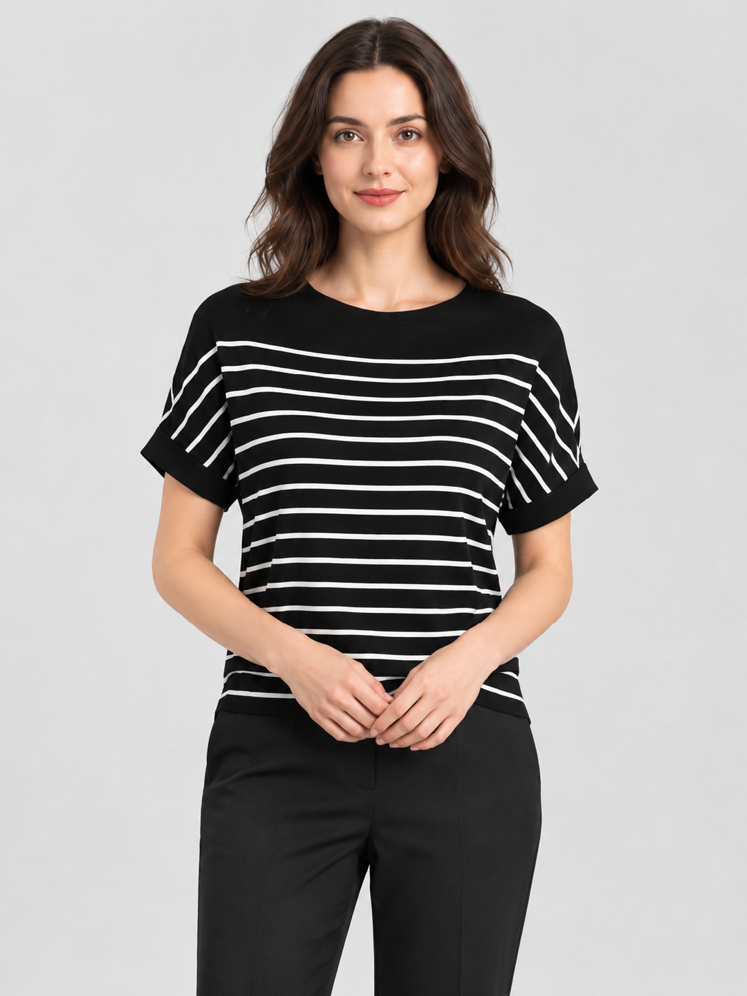 Black Striped Round Neck Top