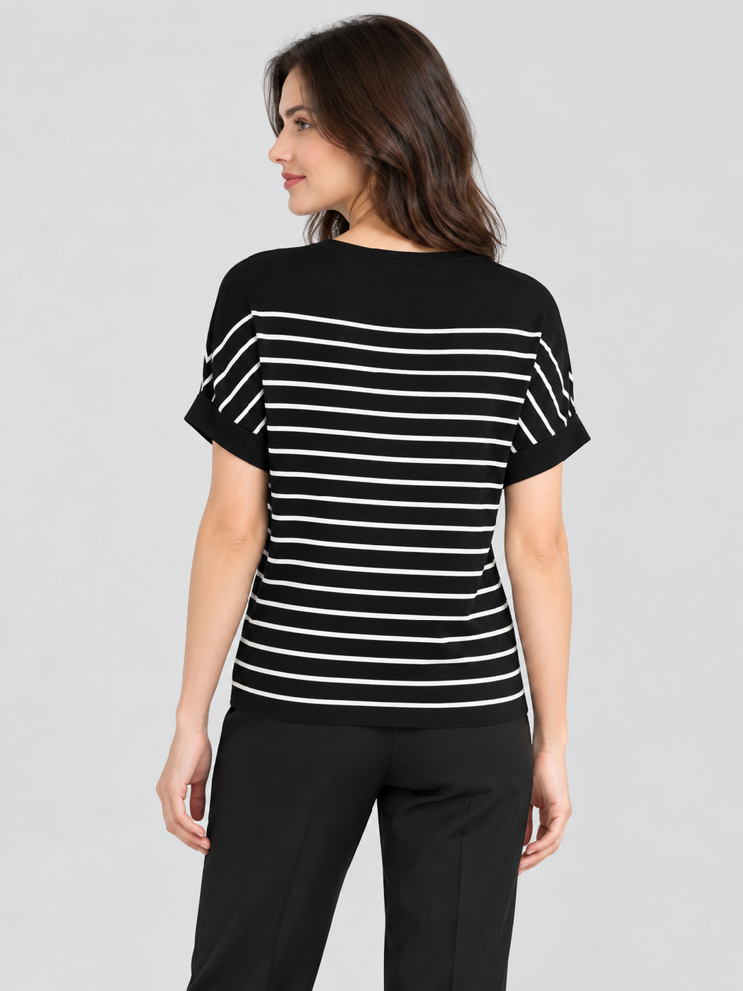 Black Striped Round Neck Top
