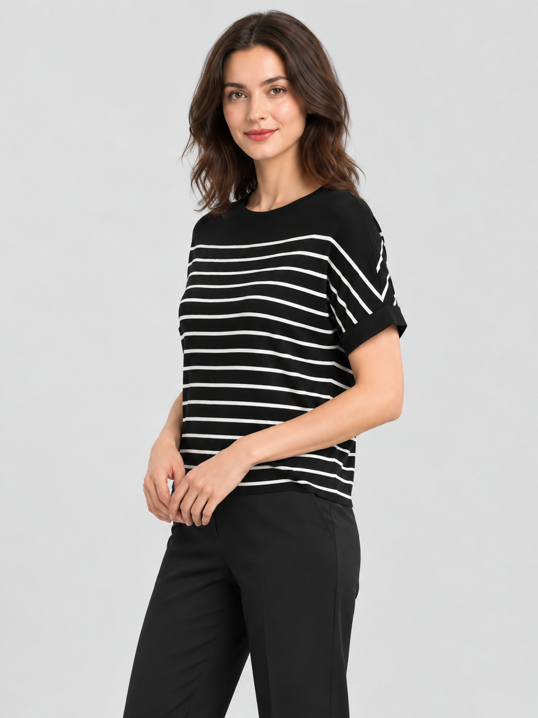 Black Striped Round Neck Top