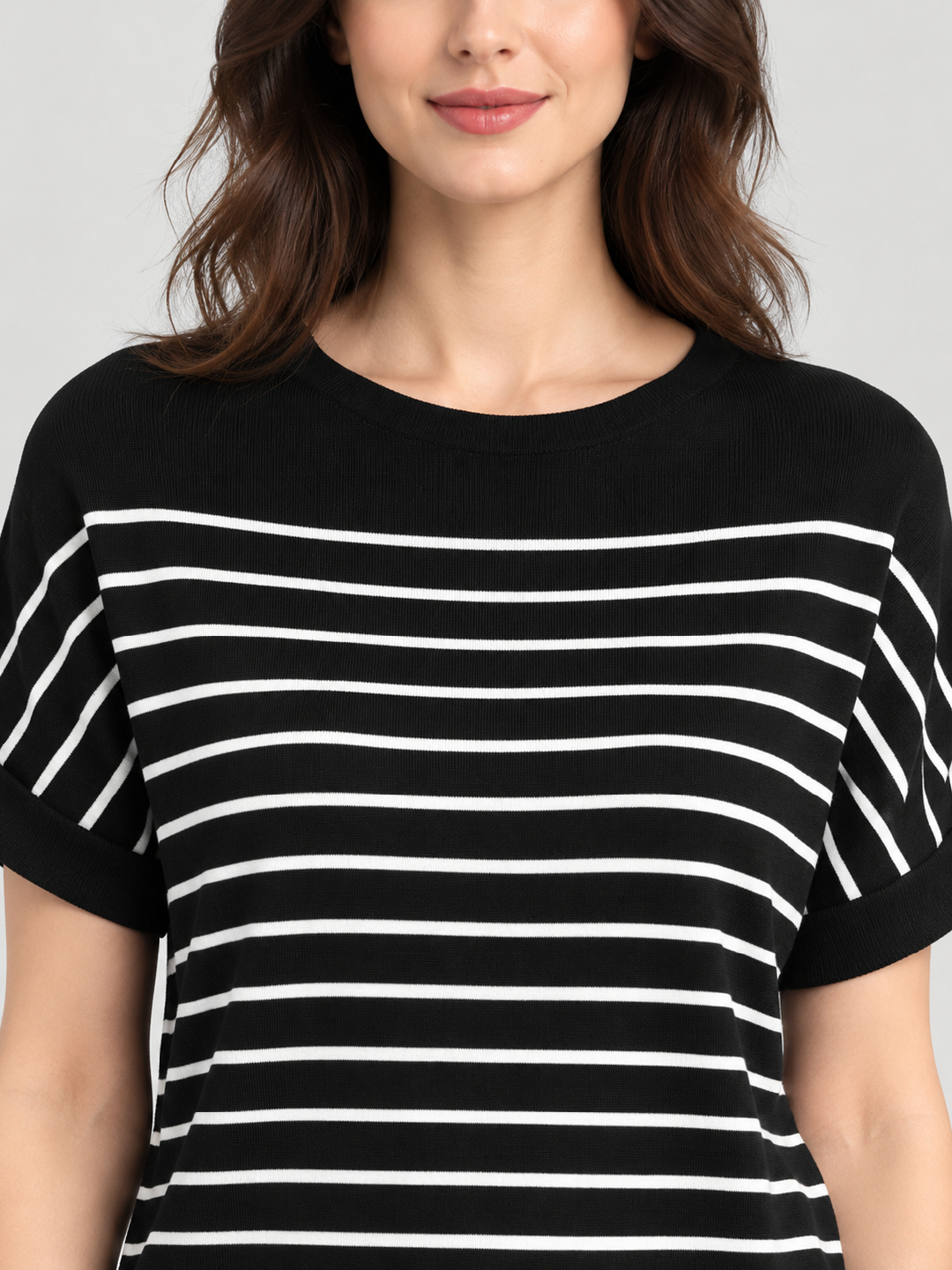 Black Striped Round Neck Top
