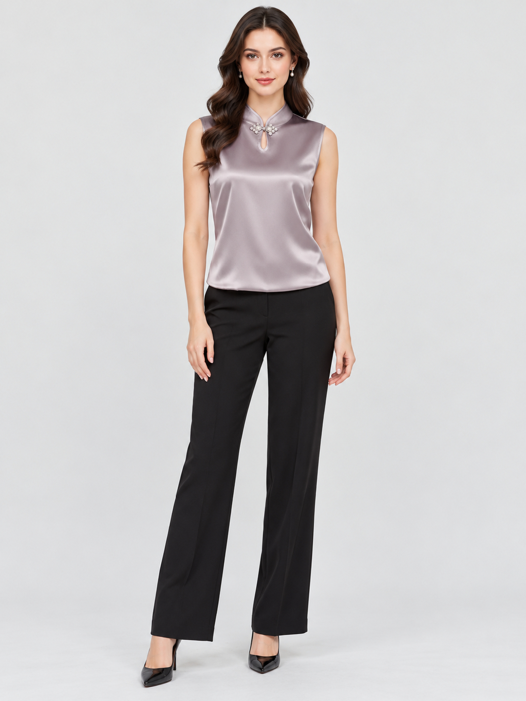 Grey Solid Keyhole Neck Blouse