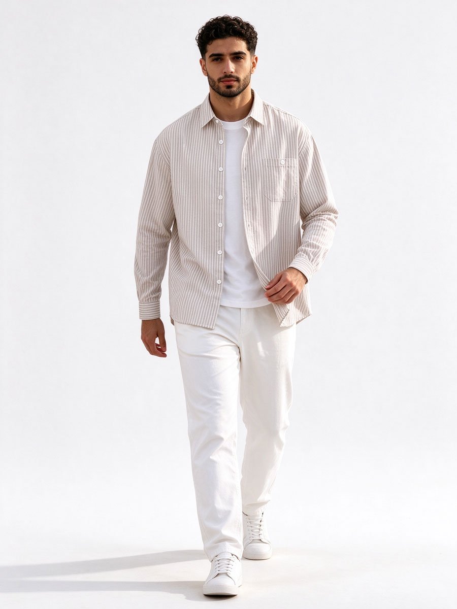 Khaki Striped Long Sleeves Regular Shirt