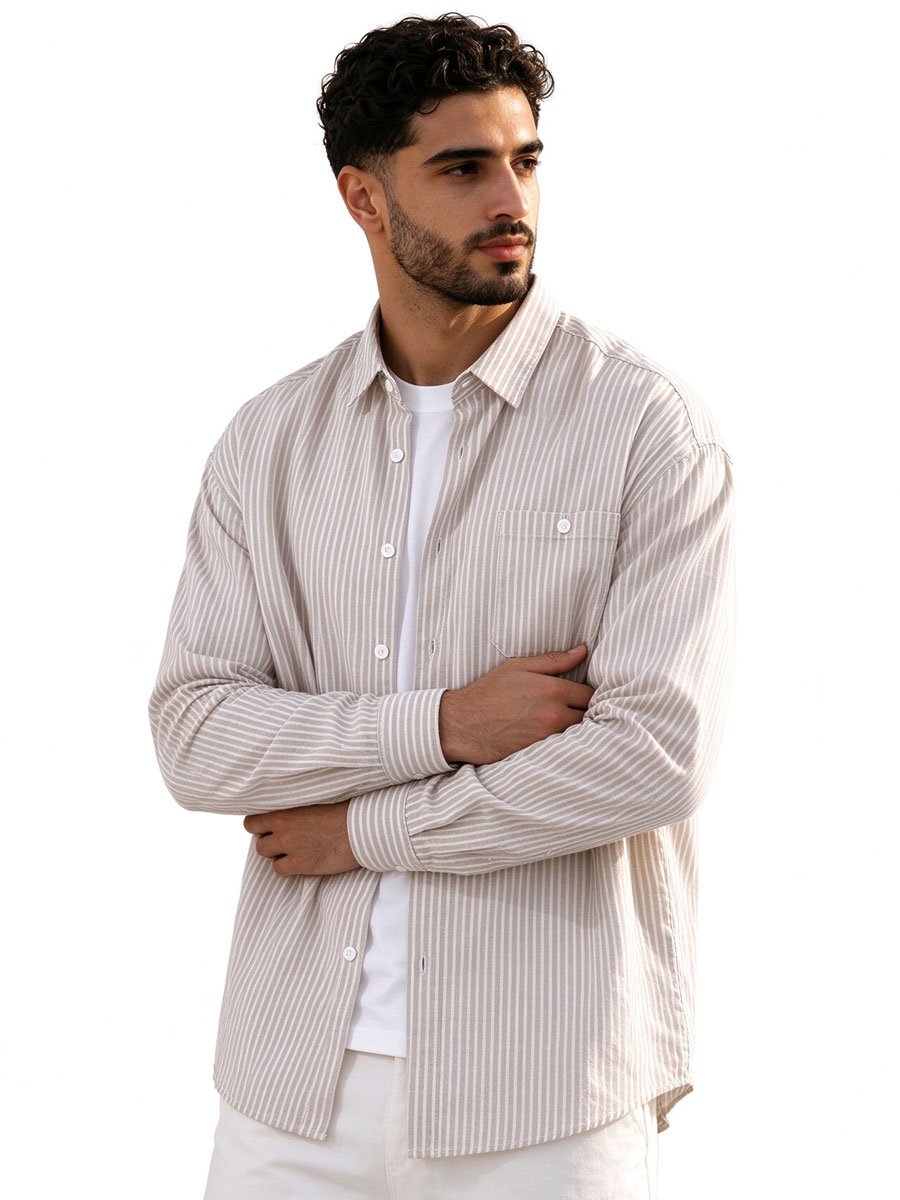 Khaki Striped Long Sleeves Regular Shirt