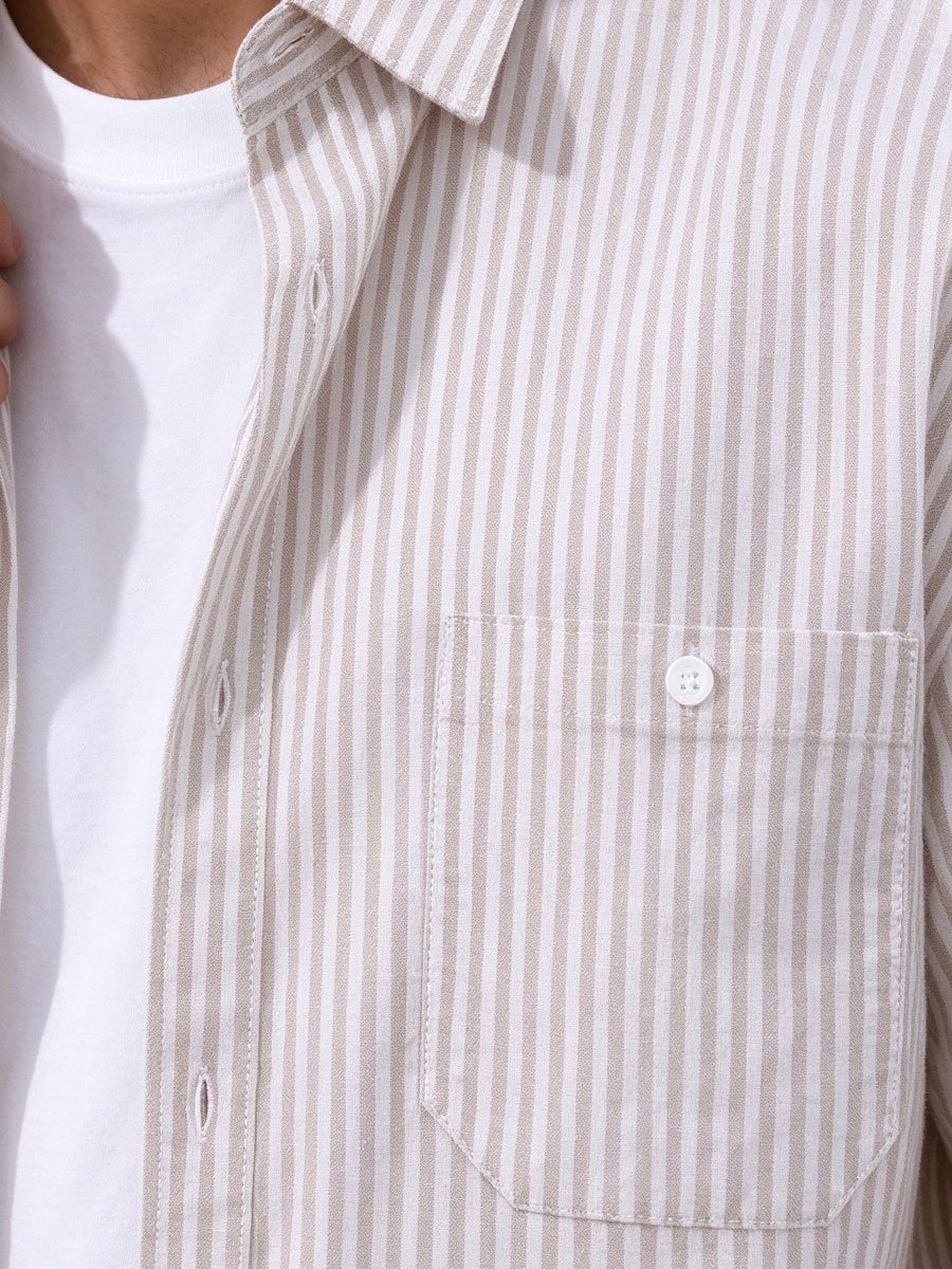 Khaki Striped Long Sleeves Regular Shirt
