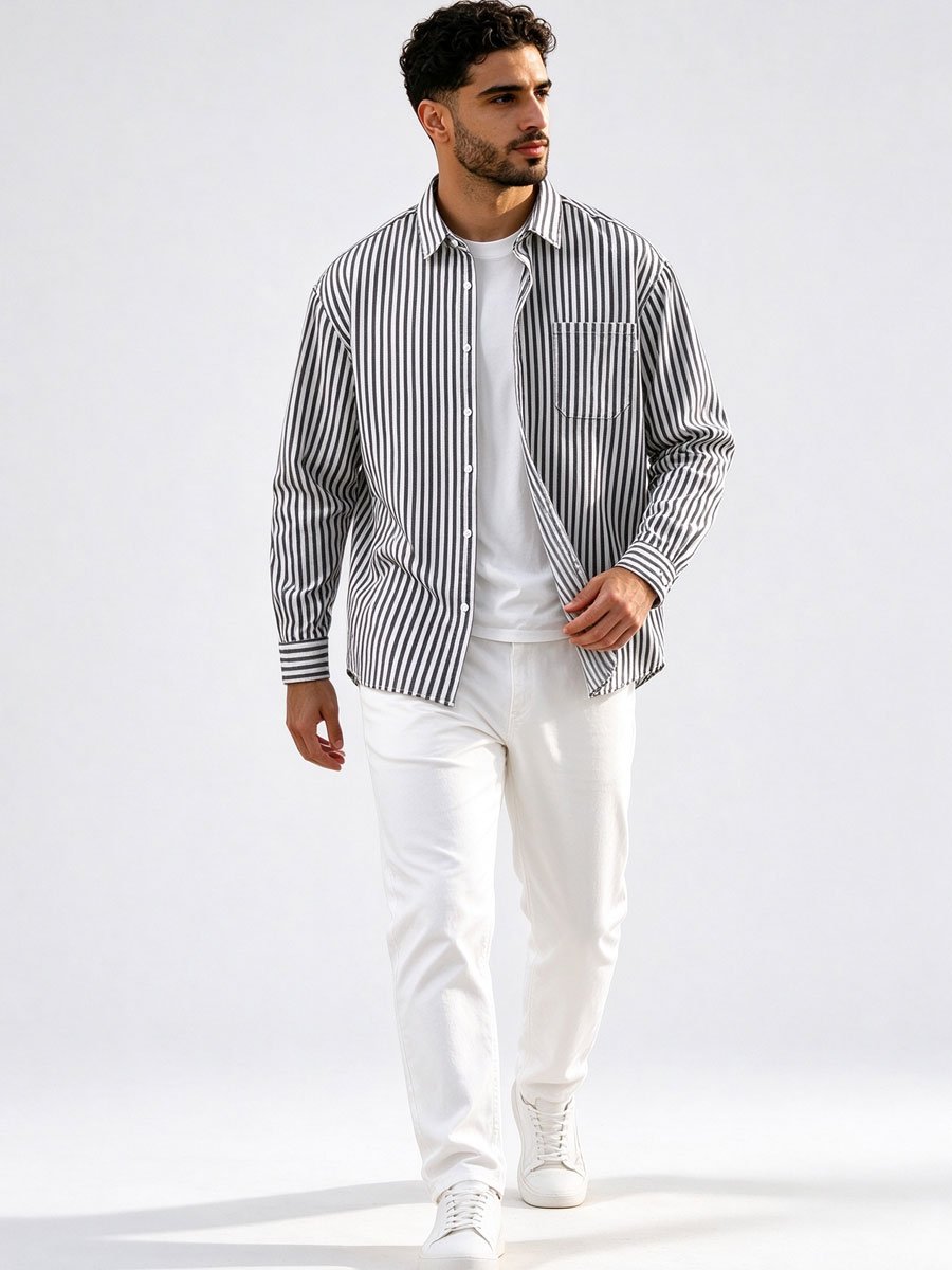Black Striped Long Sleeves Oversized Shirt