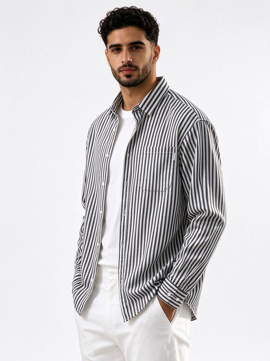 Black Striped Long Sleeves Oversized Shirt