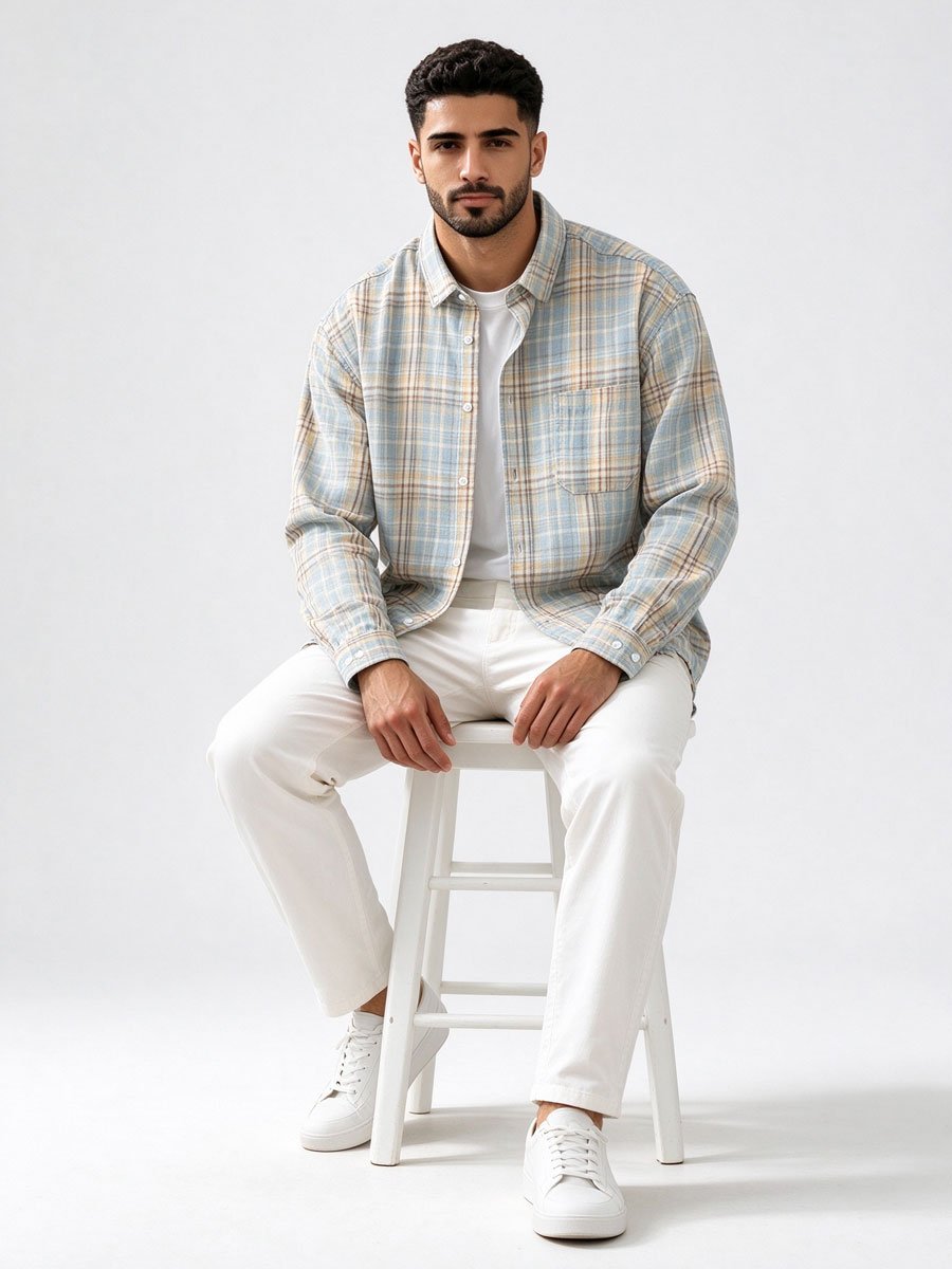 Light Blue Checked Long Sleeves Relaxed Shirt
