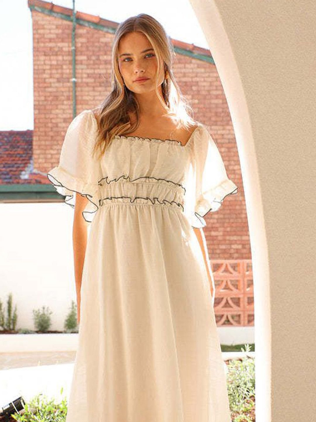 Off White Solid Off Shoulder Neck A-Line Maxi Dress