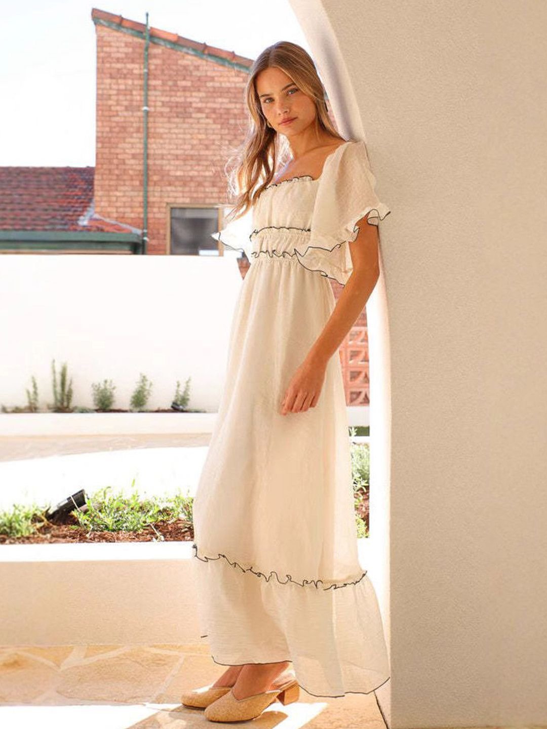 Off White Solid Off Shoulder Neck A-Line Maxi Dress