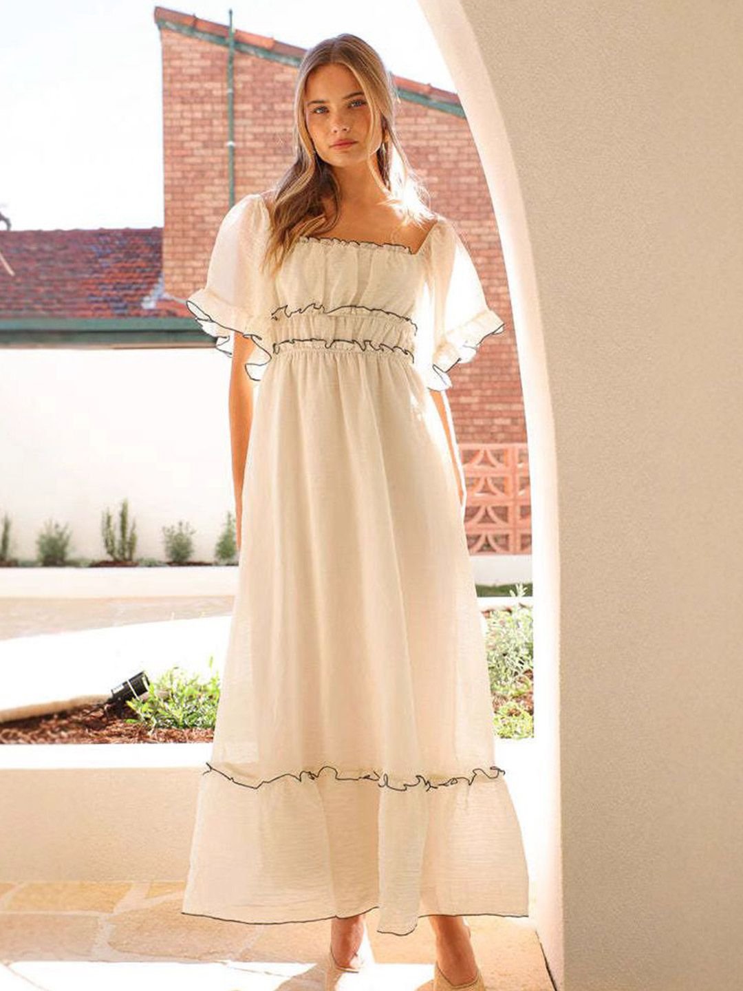 Off White Solid Off Shoulder Neck A-Line Maxi Dress