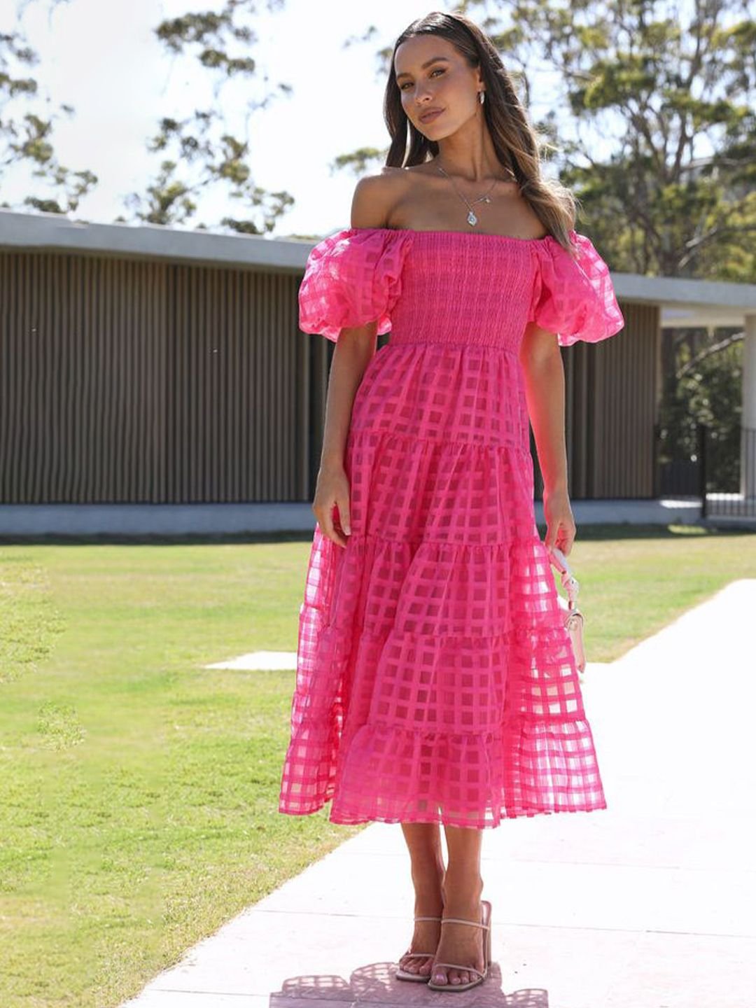 Pink Checked Off Shoulder Neck Tiered Midi Dress