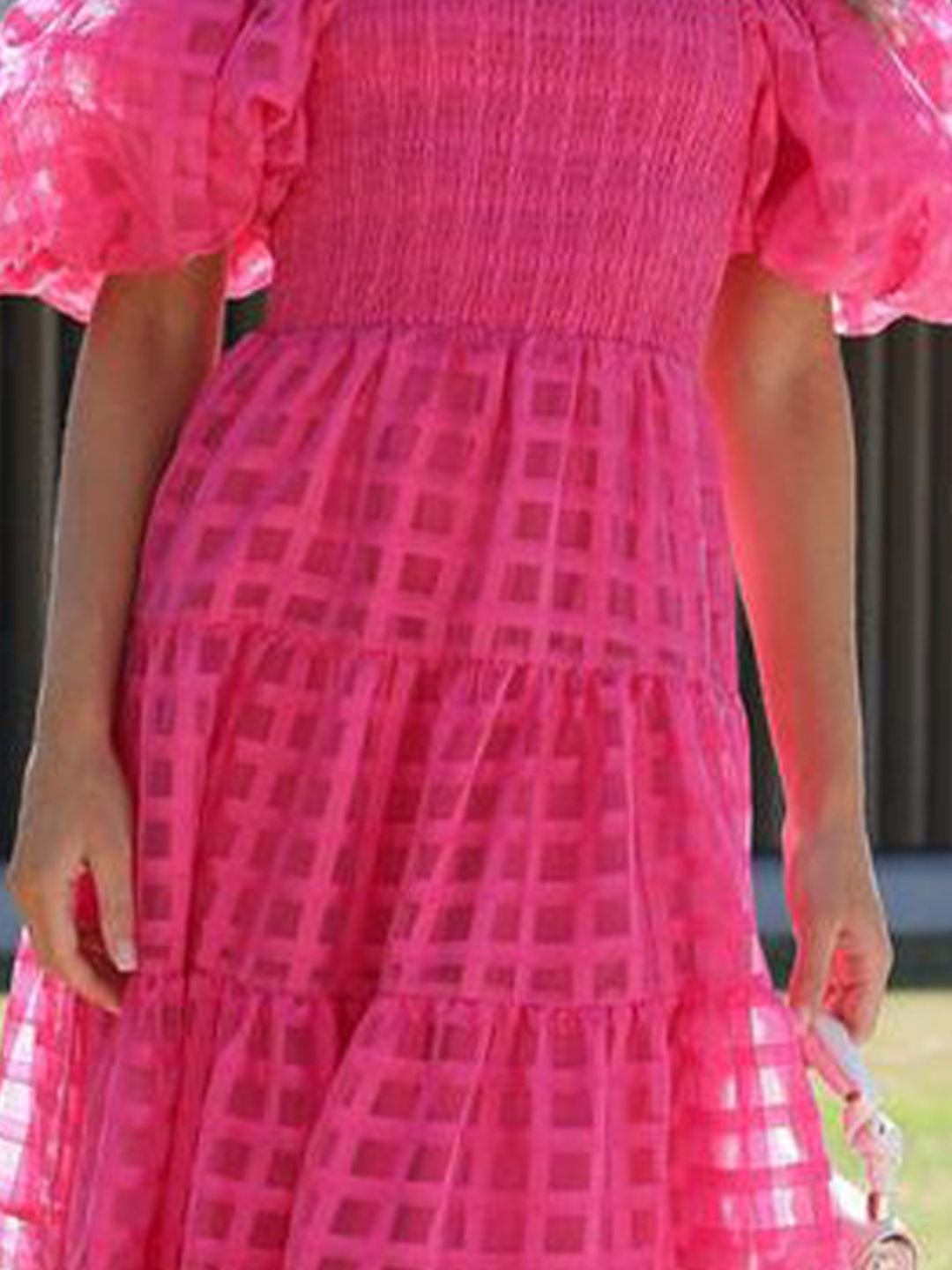 Pink Checked Off Shoulder Neck Tiered Midi Dress