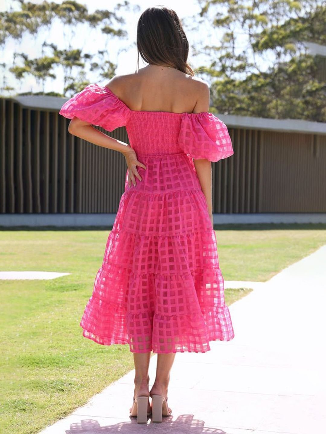 Pink Checked Off Shoulder Neck Tiered Midi Dress