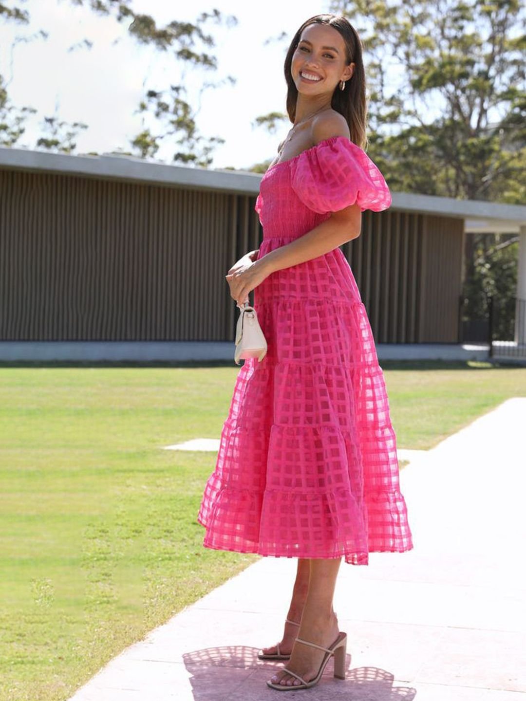 Pink Checked Off Shoulder Neck Tiered Midi Dress