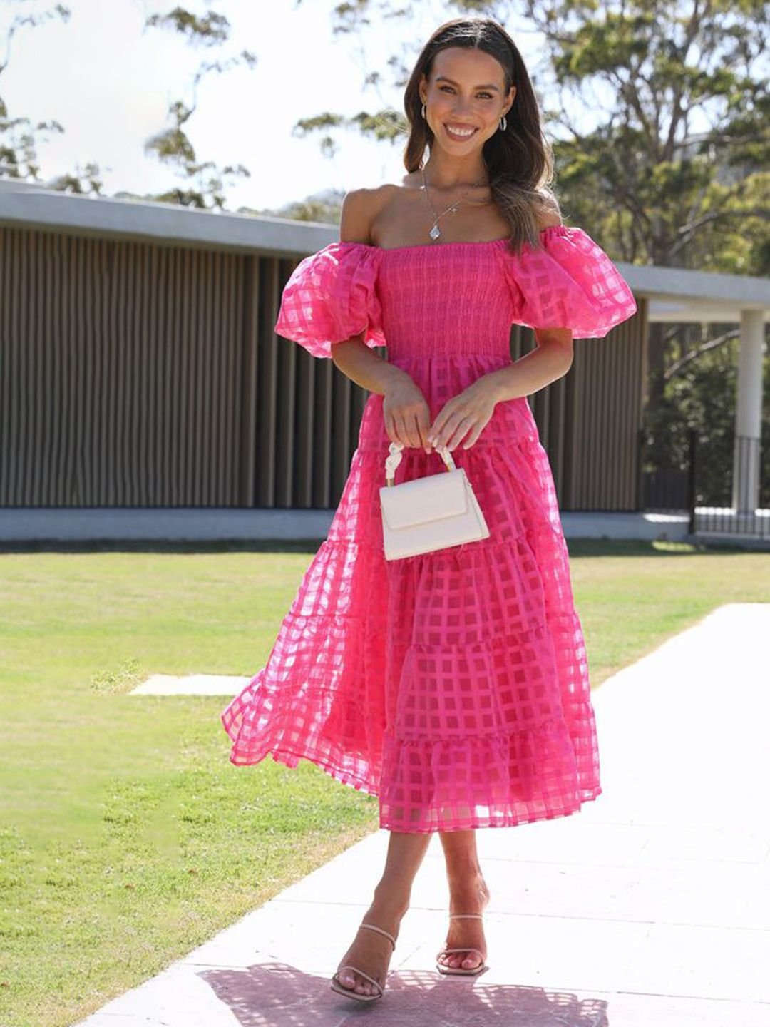 Pink Checked Off Shoulder Neck Tiered Midi Dress