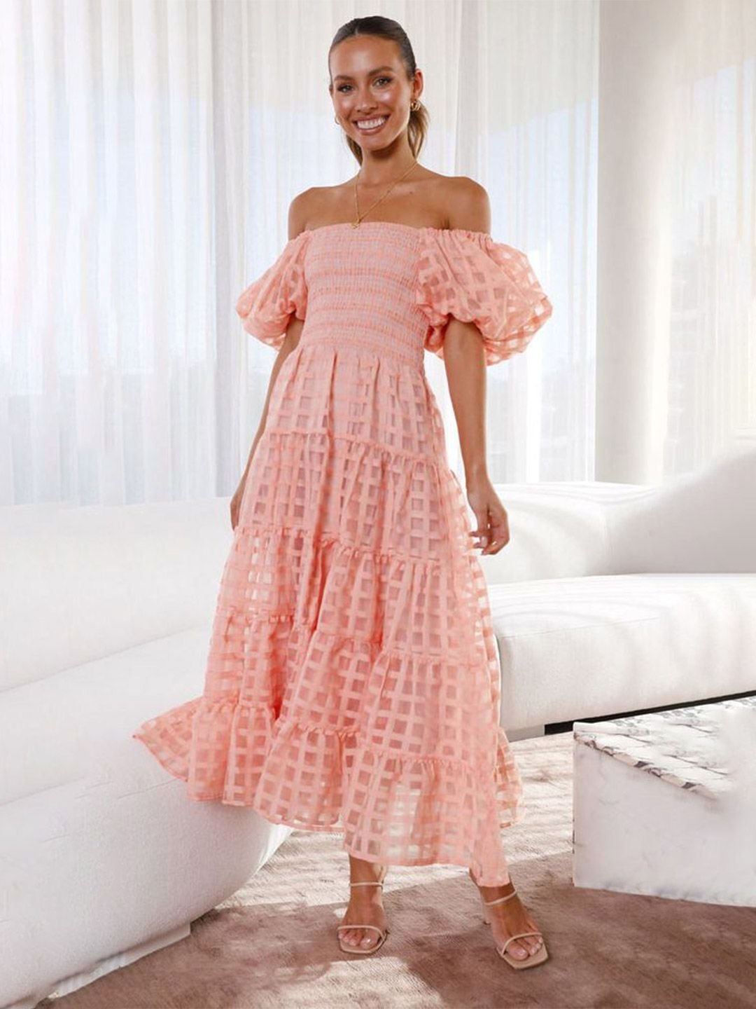 Peach Checked Off Shoulder Neck Tiered Midi Dress